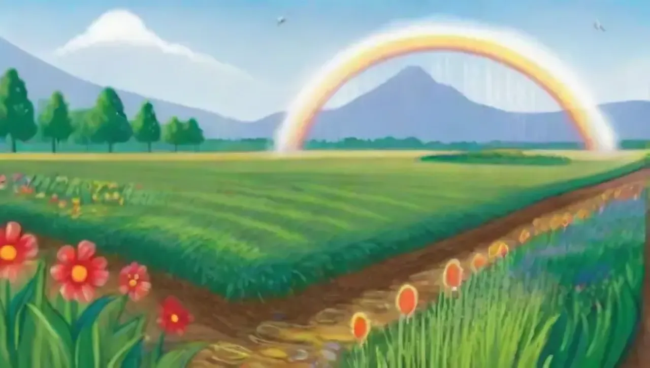 Un paisaje rural vibrante y armonioso con campos verdes, agua y vida