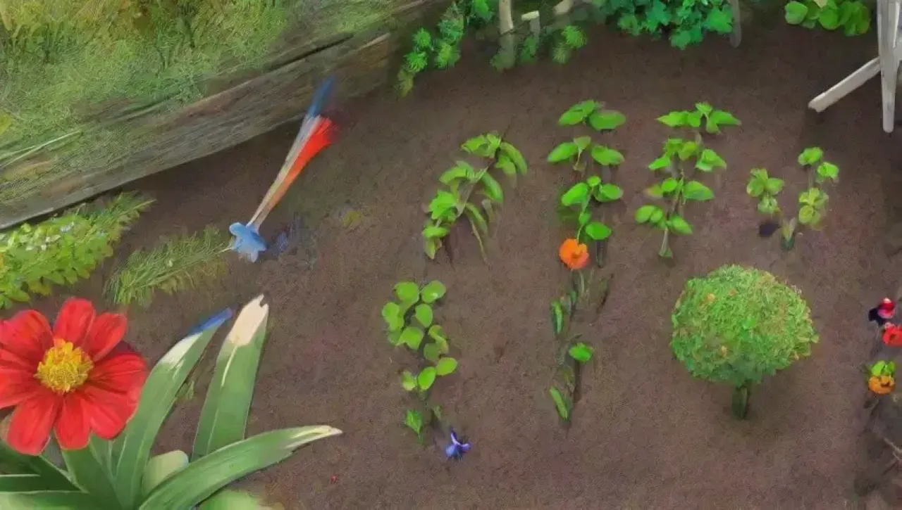 Un jardín vibrante y armonioso con flores, insectos y control natural de plagas