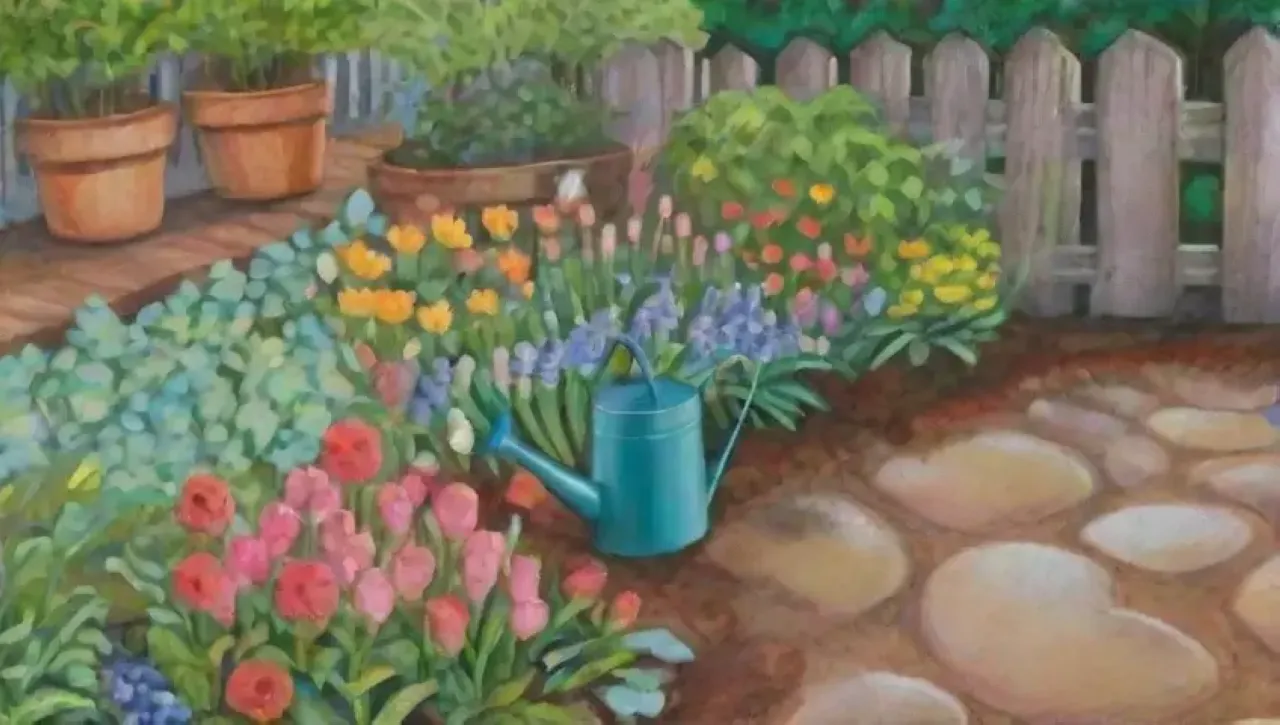 Un jardín vibrante y sereno con flores, vegetales, agua y naturaleza en armonía