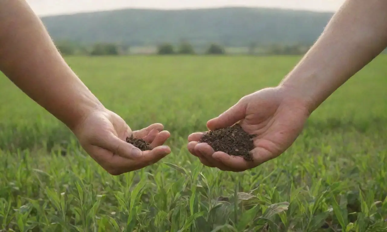 Un paisaje sereno de campos verdes y agricultores felices en armonía con la naturaleza