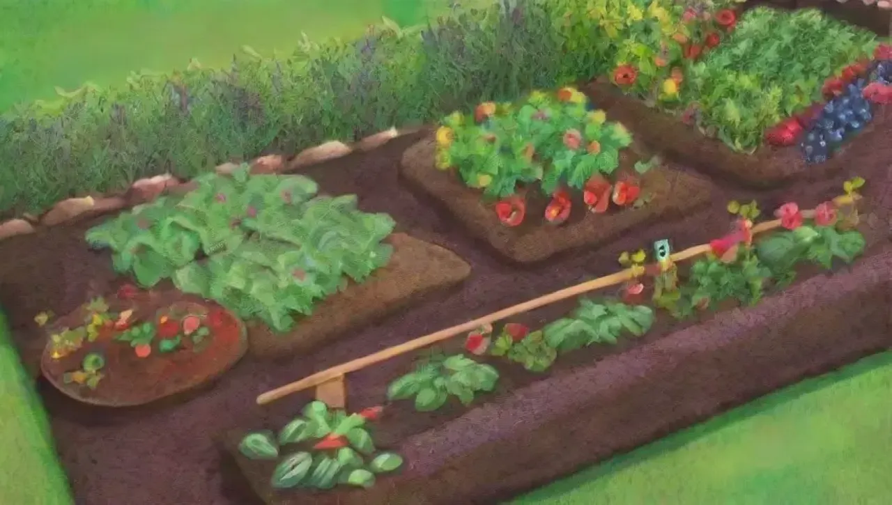 Un jardín vibrante con plantas coloridas, tierra rica y naturaleza armoniosa
