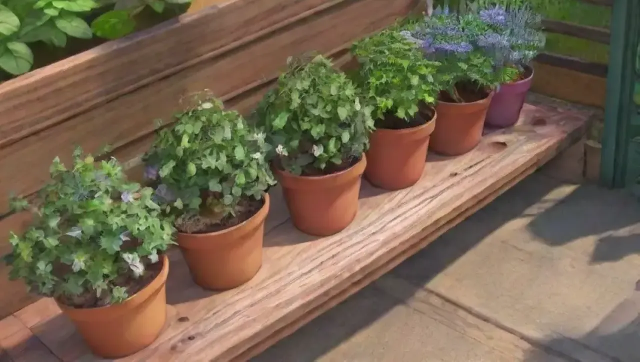 Un jardín vibrante y acogedor lleno de hierbas, flores y vida