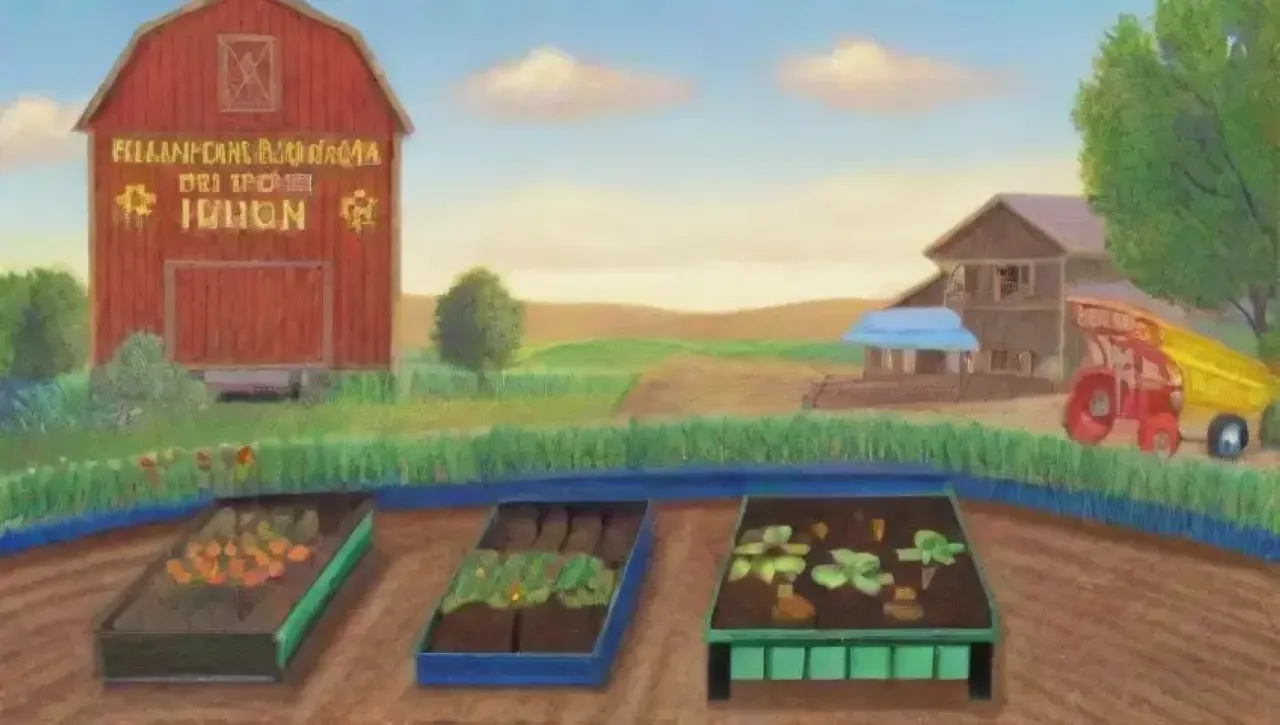 Campos verdes vibrantes con jóvenes agricultores, herramientas, tecnología y comunidad en acción