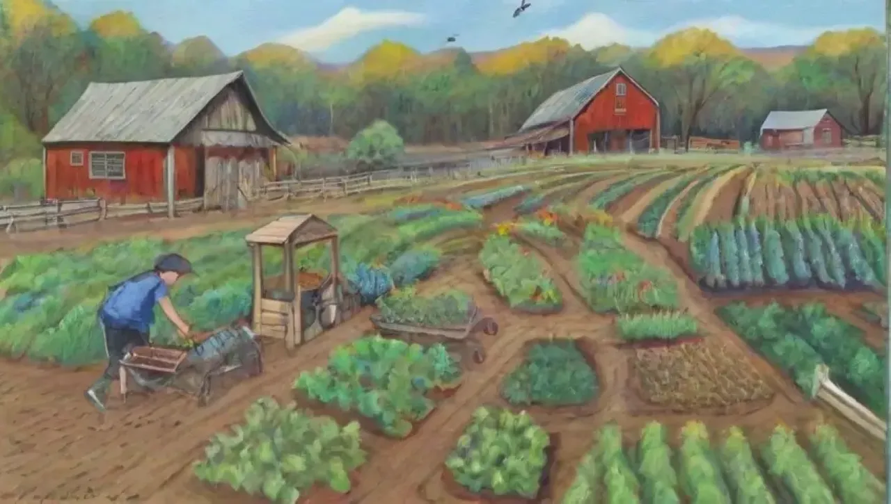 Un paisaje agrícola vibrante y sostenible, lleno de vida y comunidad