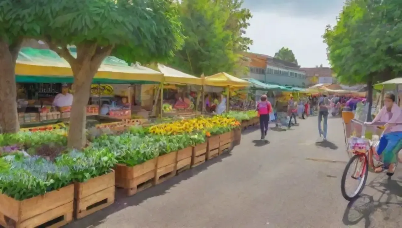 Un vibrante mercado comunitario con campos verdes, arte local, y actividades sostenibles
