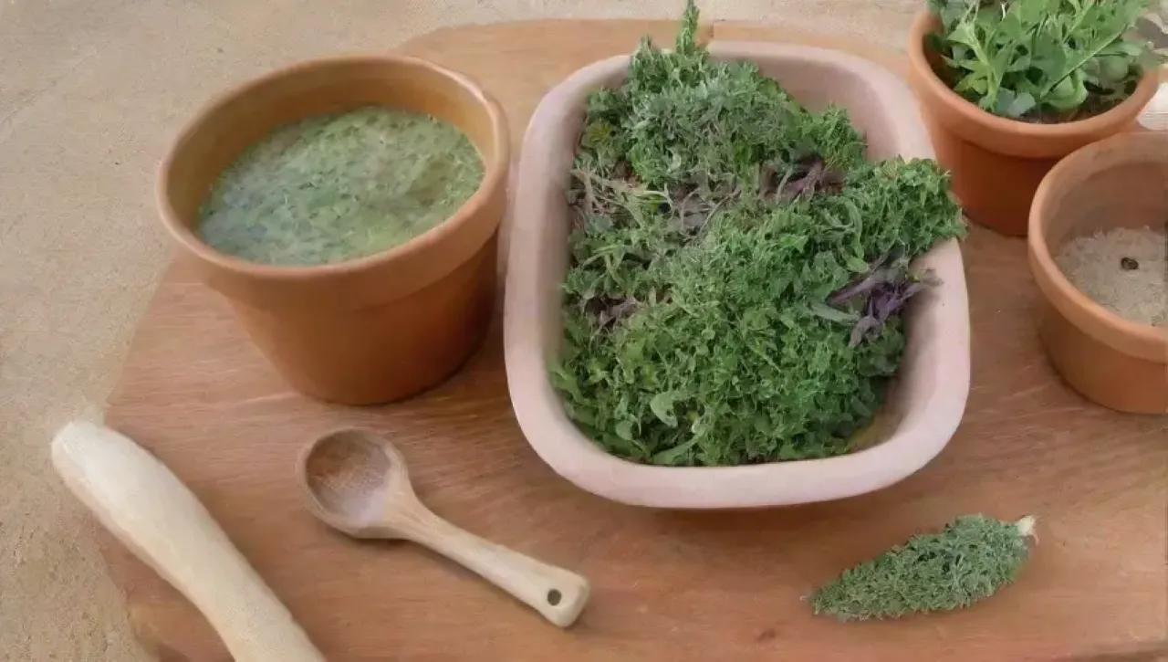 Un acogedor y colorido ambiente de cocina lleno de hierbas frescas y ingredientes vibrantes