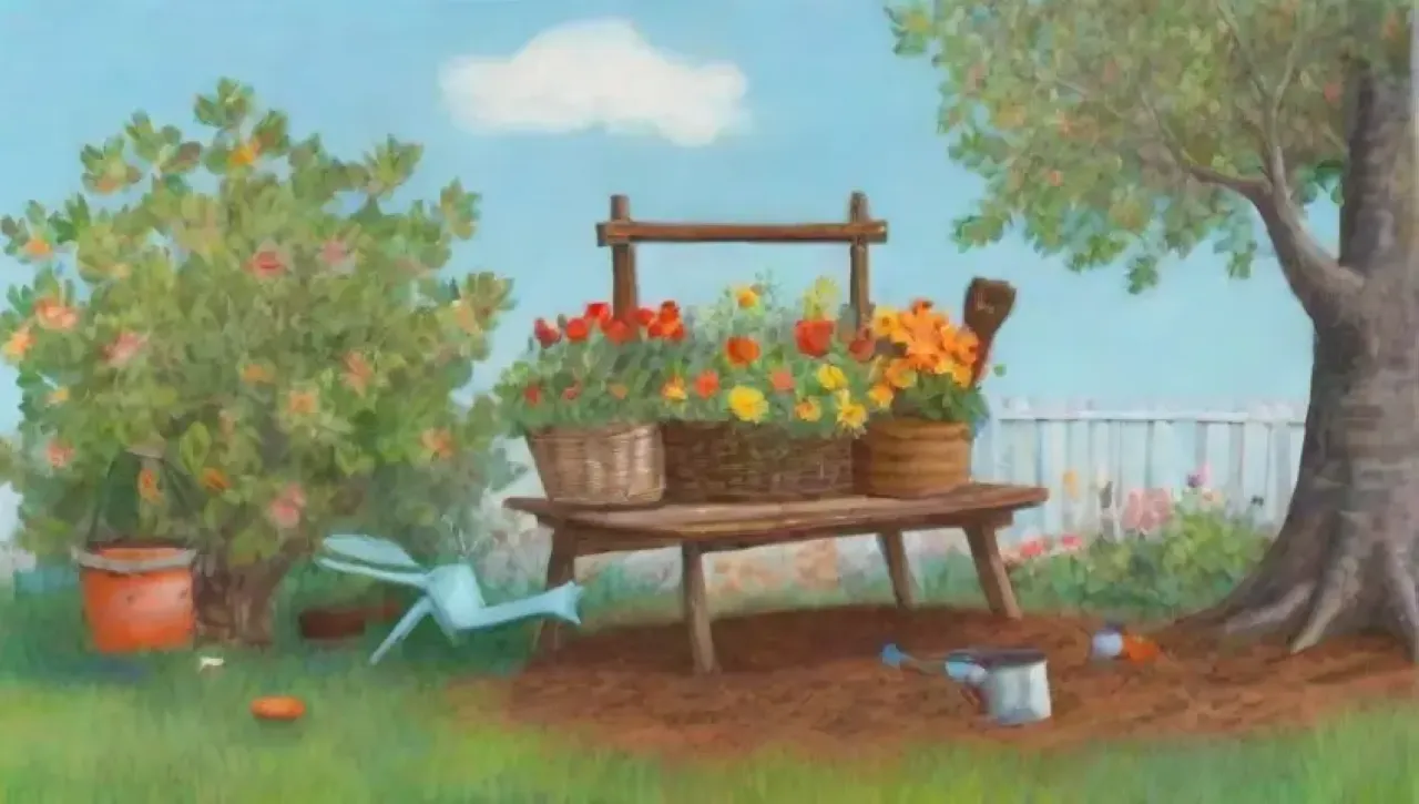 Un jardín vibrante y sereno lleno de colores, flores y frutos prometedores