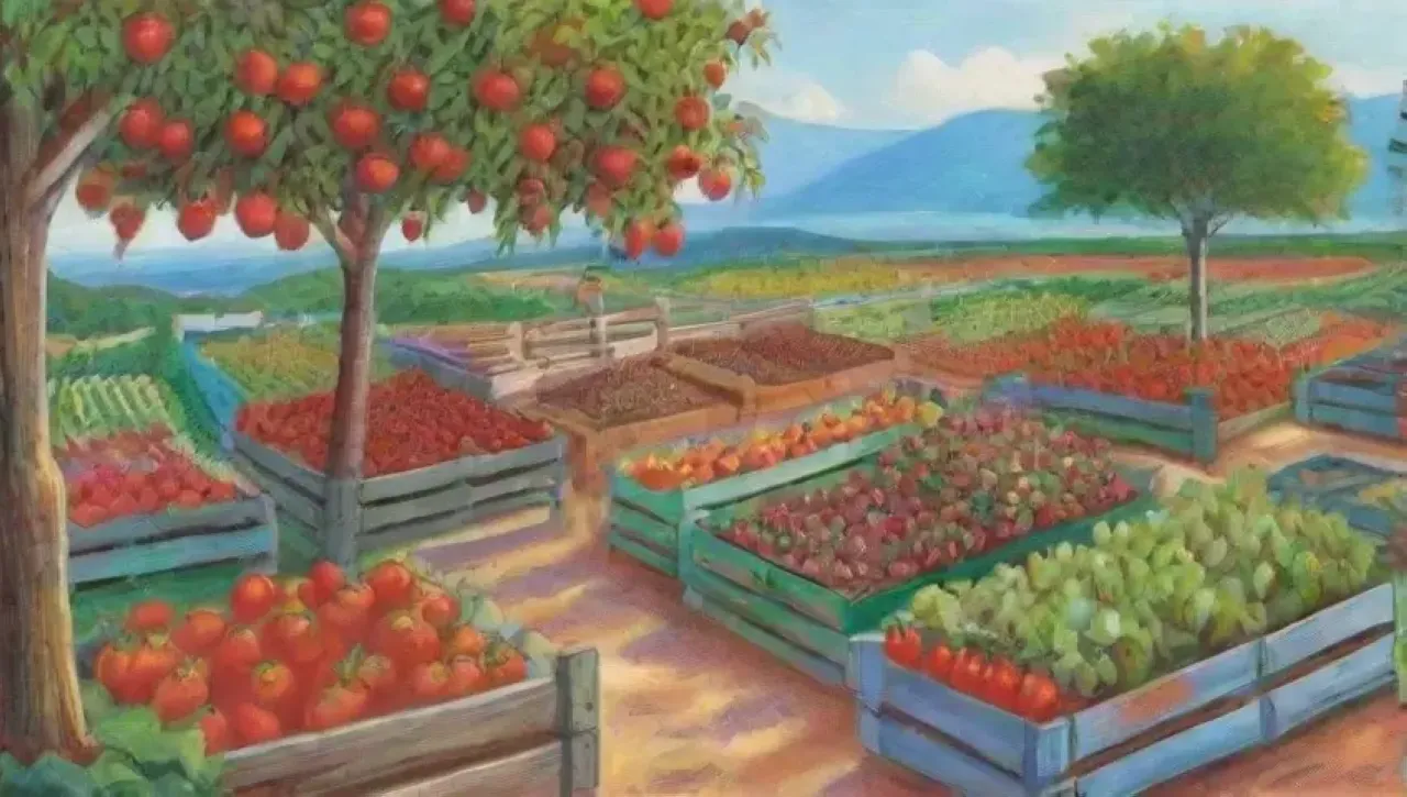 Campos verdes vibrantes con frutas, flores coloridas y agricultores felices en armonía con la naturaleza