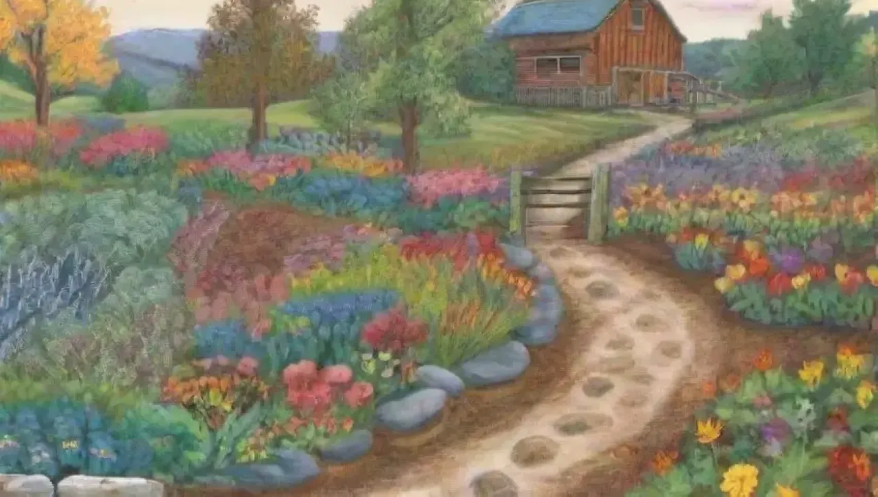 Un paisaje sereno con campos verdes, flores vibrantes, un río serpenteante y vida diversa