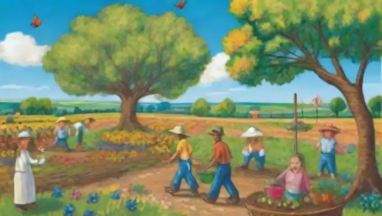 Un paisaje agrícola vibrante y comunitario lleno de vida, colaboración y sostenibilidad