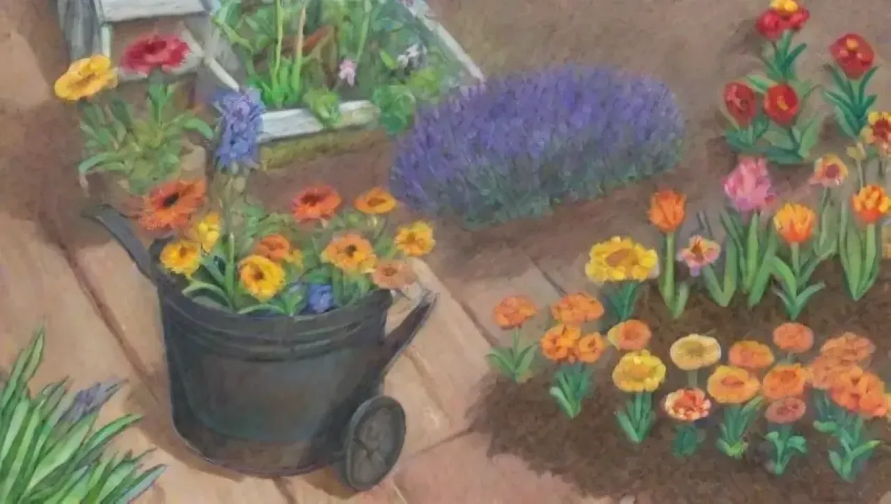 Escena de jardín vibrante con flores coloridas, tierra rica y un ambiente sereno