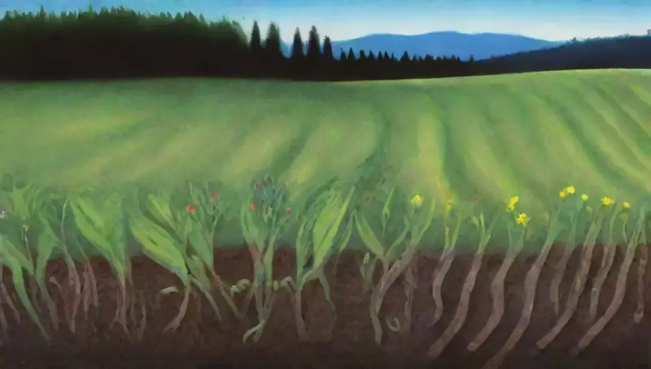 Un paisaje vibrante de campos verdes y vida en el suelo
