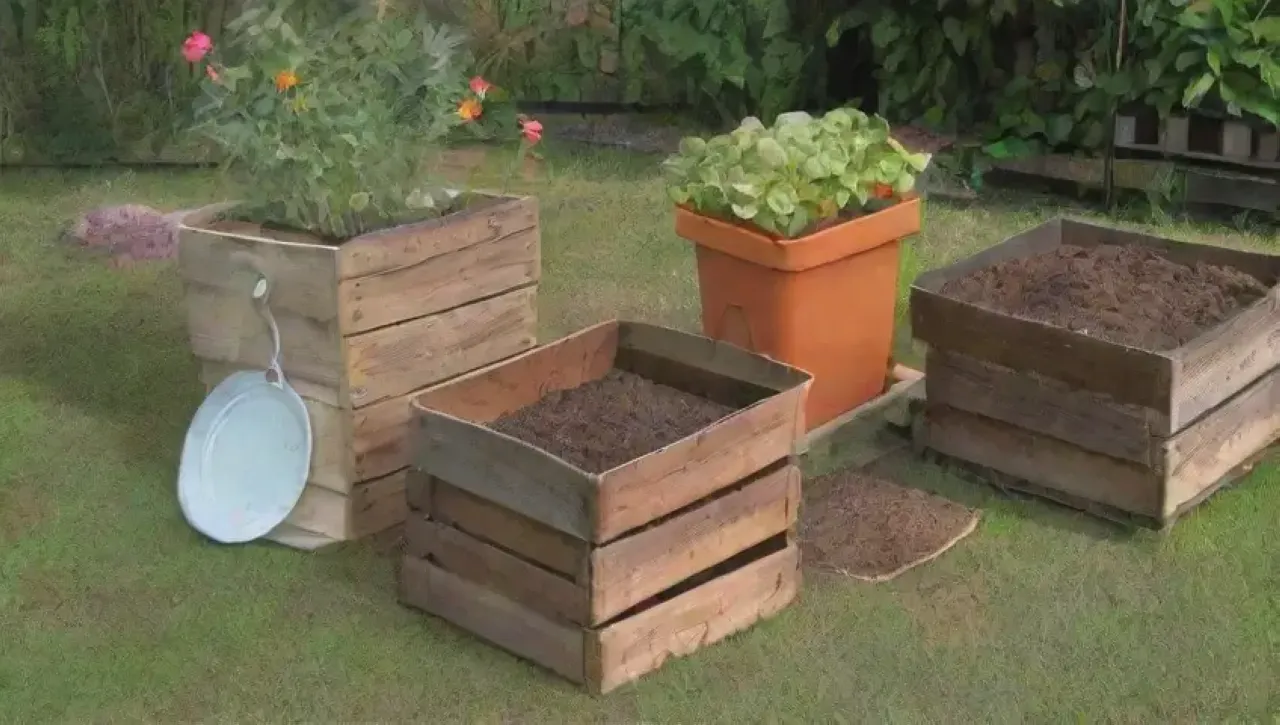 Un jardín soleado lleno de compost, herramientas y niños jugando