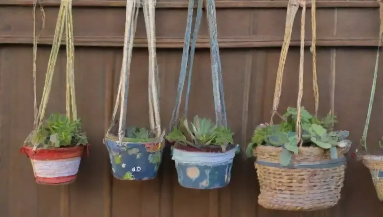 Retazos de tela coloridos, plantas verdes y arte de jardín creativo