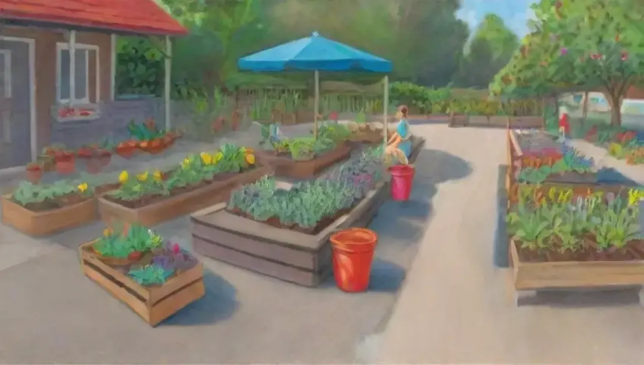 Un vibrante jardín comunitario lleno de vida, risas y cosechas compartidas