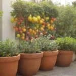 Frutas coloridas en un jardín terraceo con técnicas de riego y cultivo orgánico
