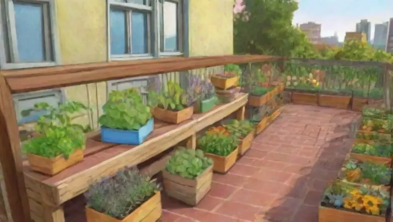 Un vibrante jardín urbano lleno de vida, colores y comunidad