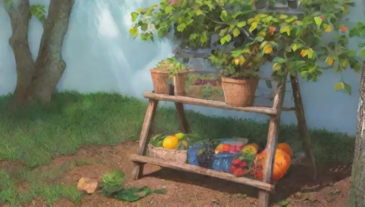 Un jardín vibrante y tranquilo, lleno de frutas, flores y luz