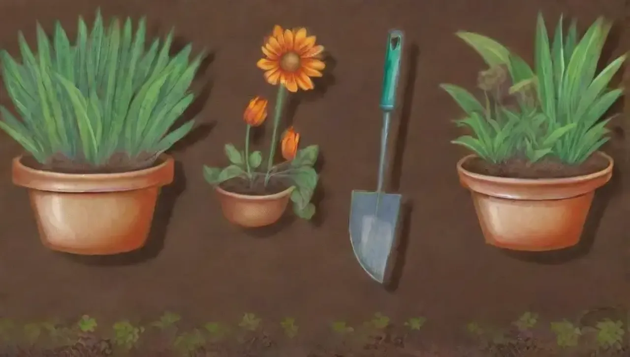 Un jardín vibrante con herramientas rústicas, flores y cosechas frescas
