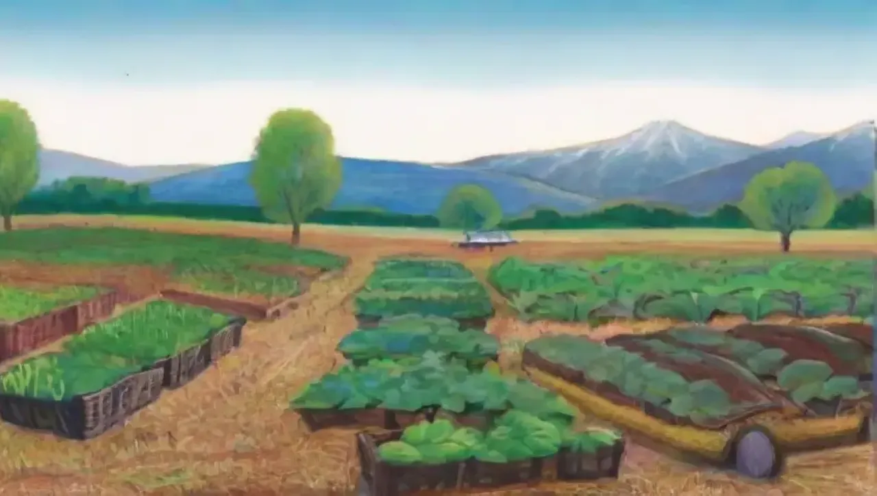 Un paisaje agrícola vibrante y armonioso con campos verdes, cultivos diversos y la vida rural en acción