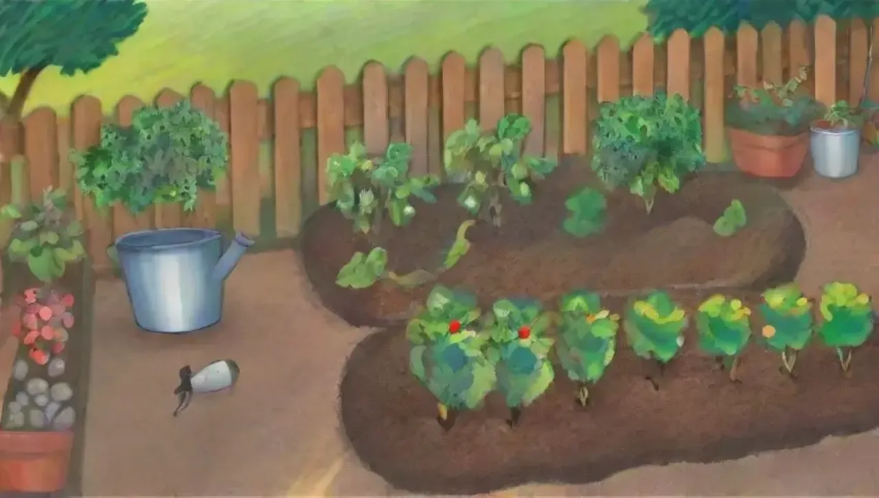 Un jardín vibrante y saludable con plantas, flores, insectos y un ambiente pacífico