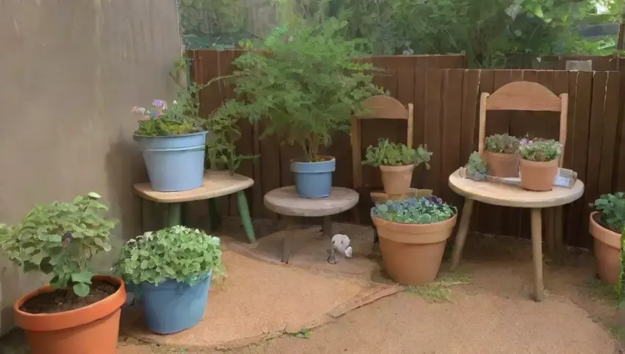 Un jardín sereno con plantas verdes, flores vibrantes y una atmósfera pacífica