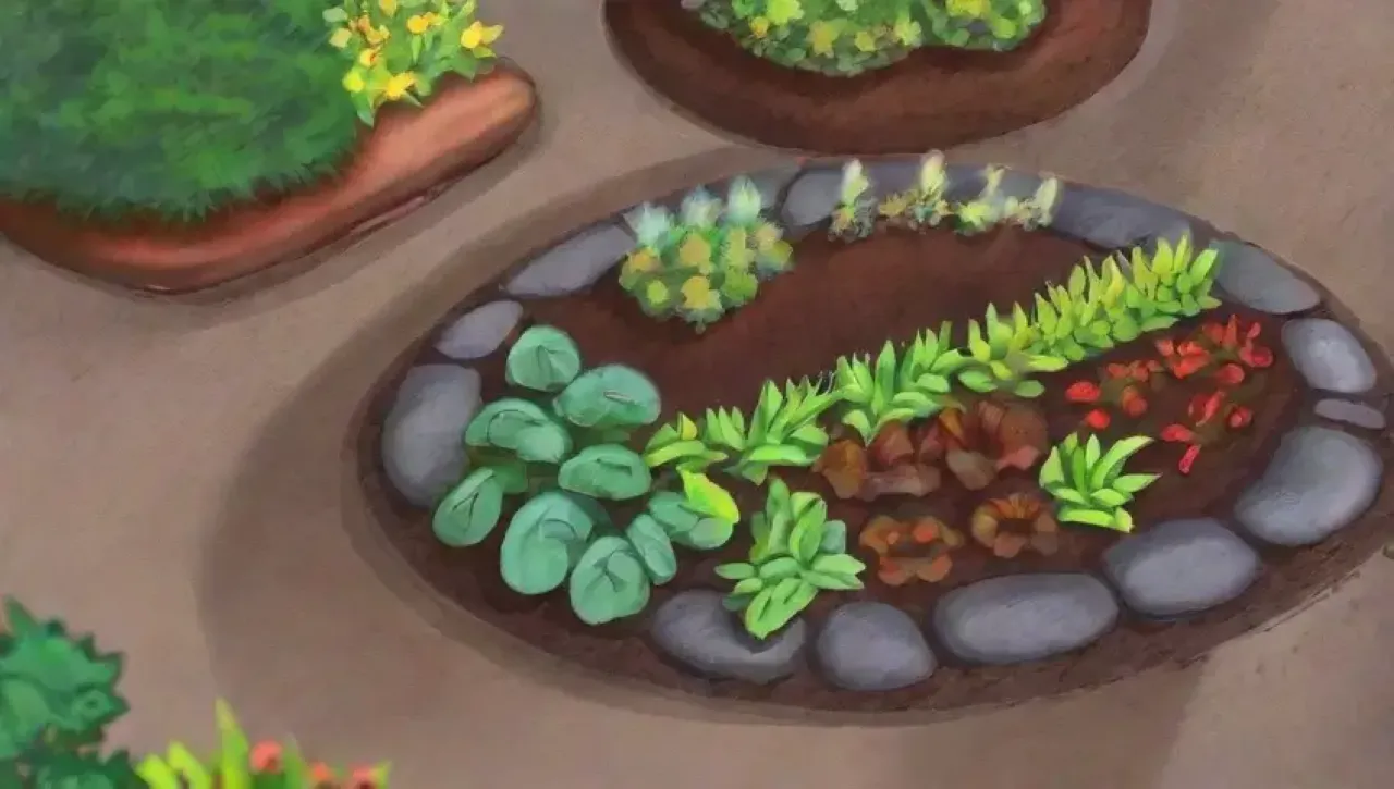Un jardín vibrante con flores, verduras, y un ambiente acogedor de crecimiento