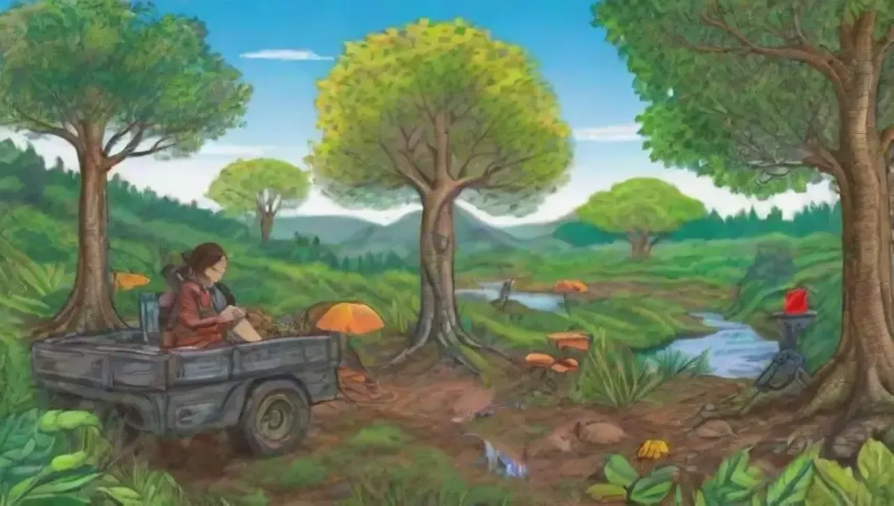 Un vibrante bosque con tecnología avanzada y investigadores trabajando en armonía con la naturaleza