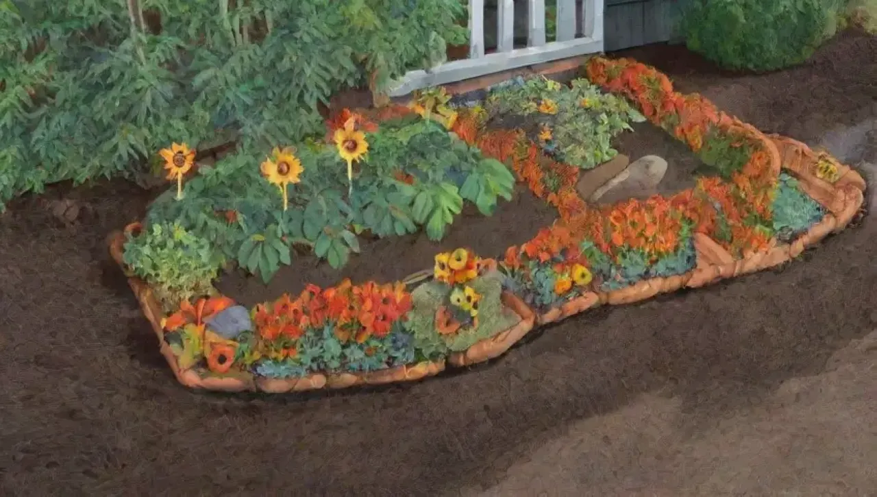 Un jardín vibrante y tranquilo lleno de plantas, flores y herramientas de jardinería