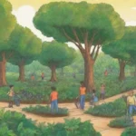 Paisajes verdes vibrantes con comunidades unidas celebrando la resiliencia de la naturaleza