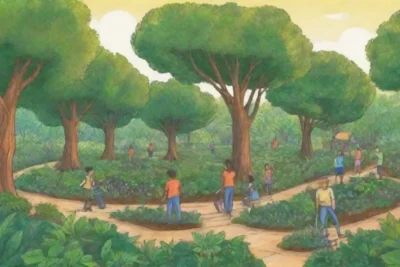 Paisajes verdes vibrantes con comunidades unidas celebrando la resiliencia de la naturaleza