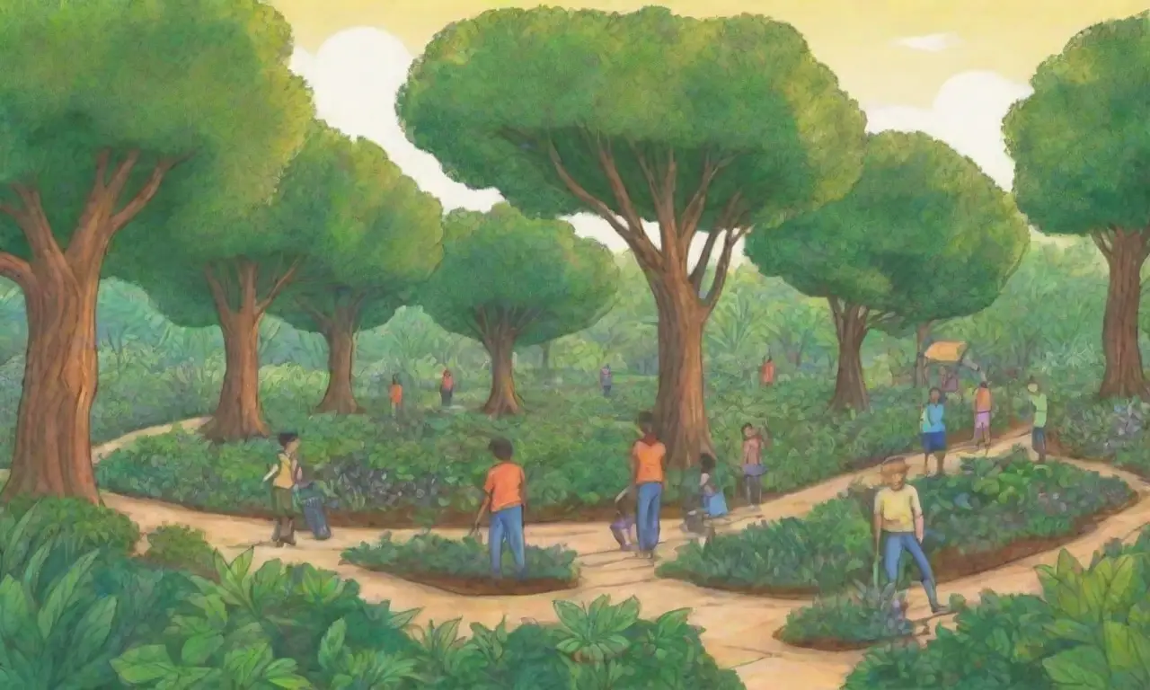 Paisajes verdes vibrantes con comunidades unidas celebrando la resiliencia de la naturaleza