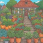 Imágenes de jardín exuberante con ilustraciones de verduras y consejos estacionales