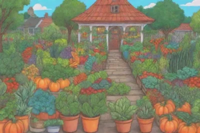 Imágenes de jardín exuberante con ilustraciones de verduras y consejos estacionales