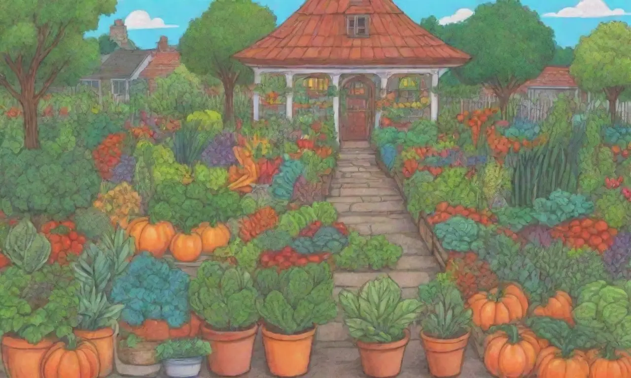 Imágenes de jardín exuberante con ilustraciones de verduras y consejos estacionales