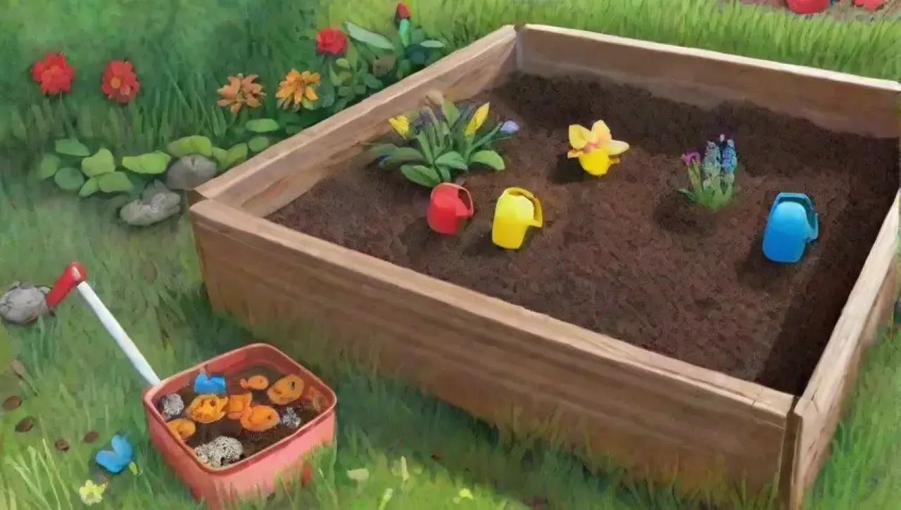 Un jardín vibrante con compost, flores coloridas y vida en abundancia