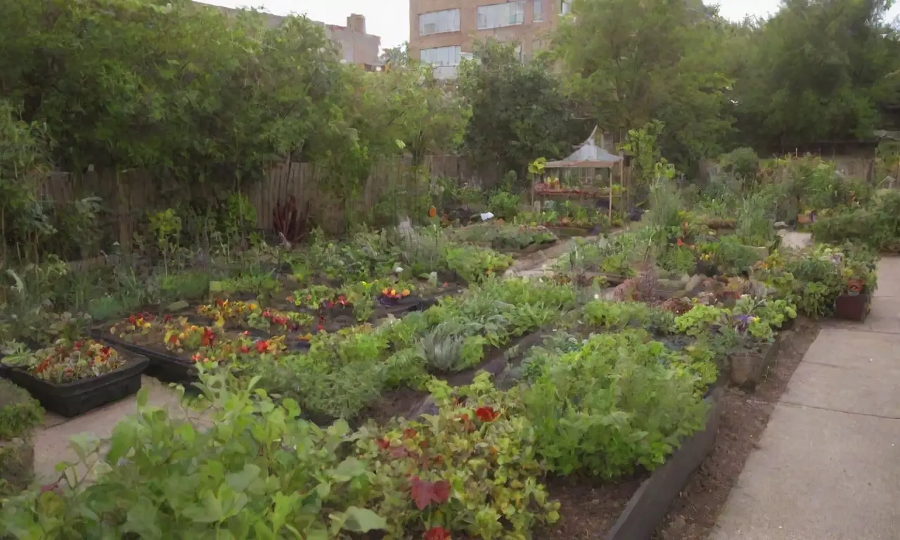 Jardín urbano vibrante con plantas diversas y colaboración comunitaria en prácticas sostenibles