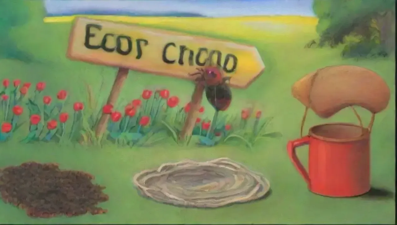Un campo verde con flores, insectos, un granjero, y estrategias de control de plagas al atardecer