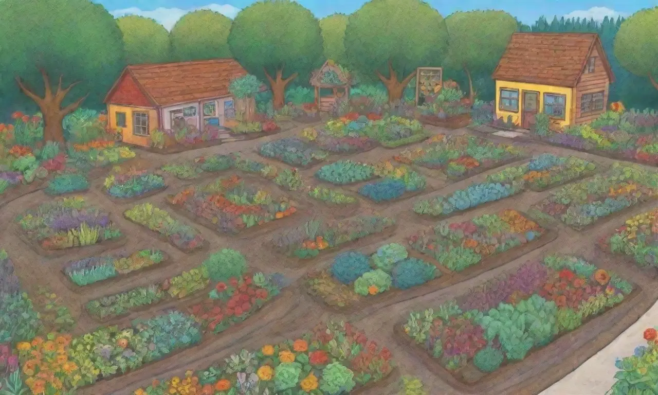Jardín colorido y sostenible con diversas plantas, espacios comunitarios y arte