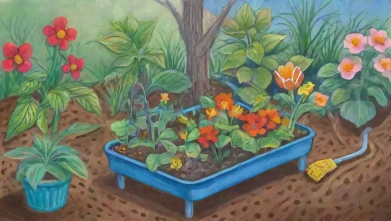 Un jardin vibrante con flores, riego por goteo, un jardinero limpiando un emisor y un cielo azul sereno