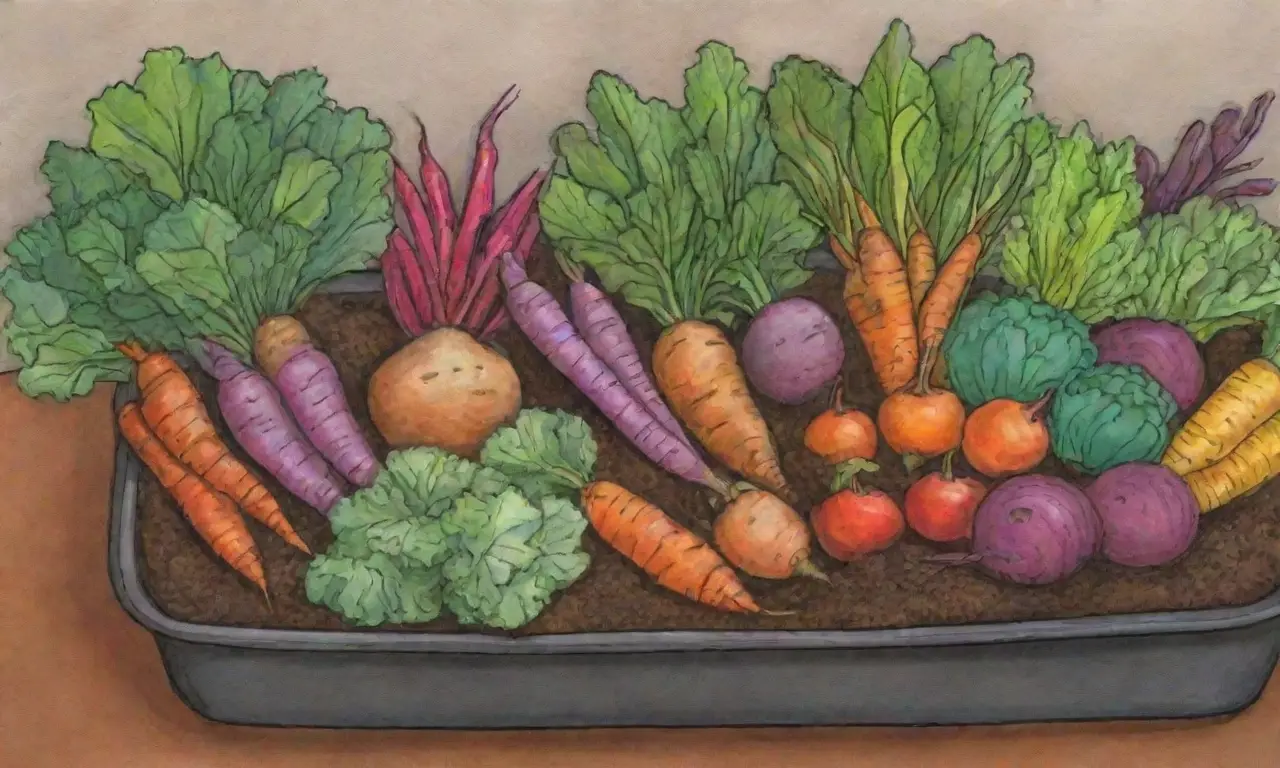 Verduras de raíz y colores otoñales en un jardín acogedor