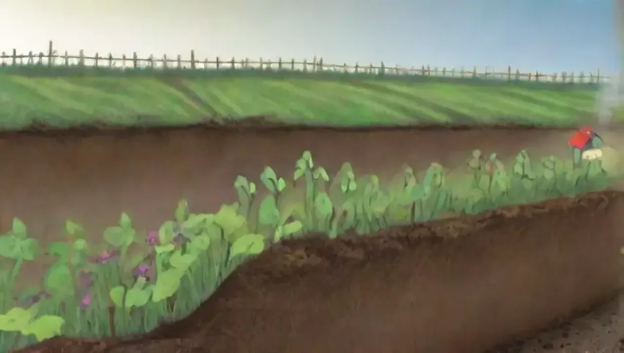 Un campo vibrante con cultivos, herramientas dispersas y signos de descuido, refleja el ciclo de la vida