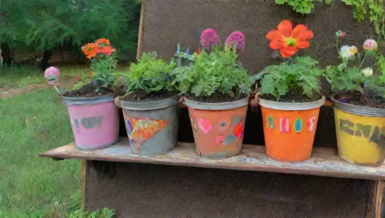 Un jardín colorido y rústico lleno de herramientas recicladas y plantas vibrantes
