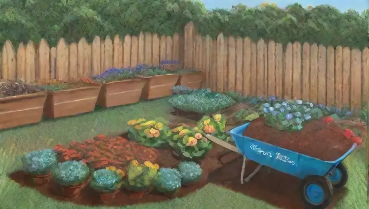 Un jardín vibrante con plantas verdes, flores coloridas y un ambiente natural lleno de vida