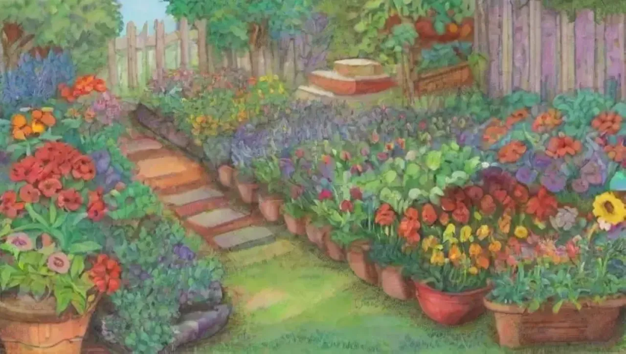 Un jardín vibrante y colorido con flores, vegetales y vida silvestre