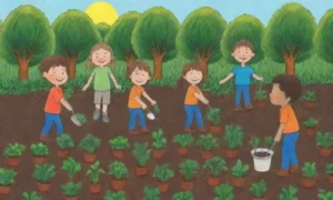 Colores vivos y niños aprendiendo sobre la naturaleza en el jardín familiar