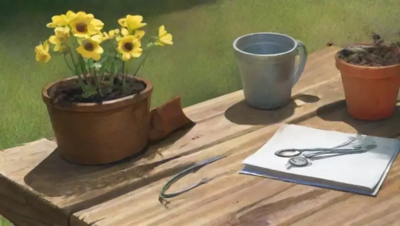 Un jardín vibrante y desordenado, lleno de herramientas y signos de cuidado y descuido