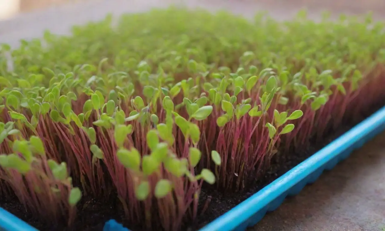 Microgreens vibrantes crecen en bandejas con agua