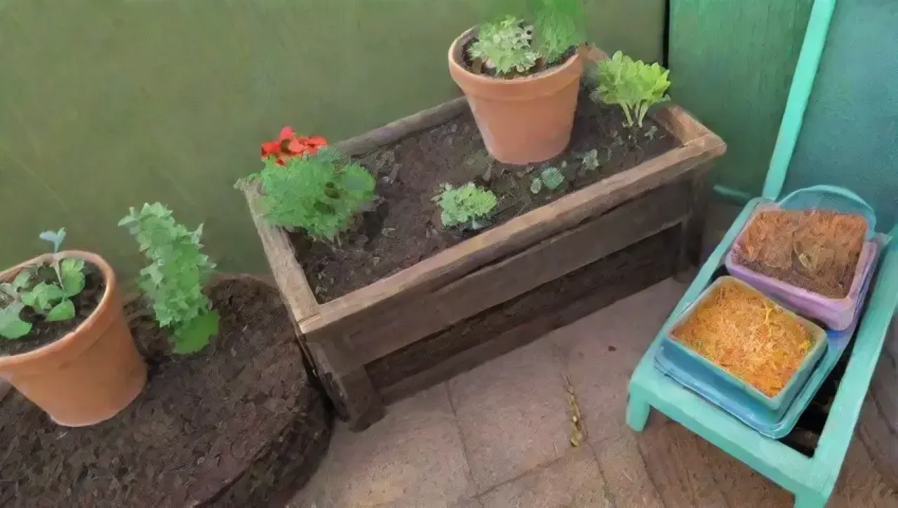 Un rincón acogedor de lectura con libros coloridos, té herbal y elementos de jardinería