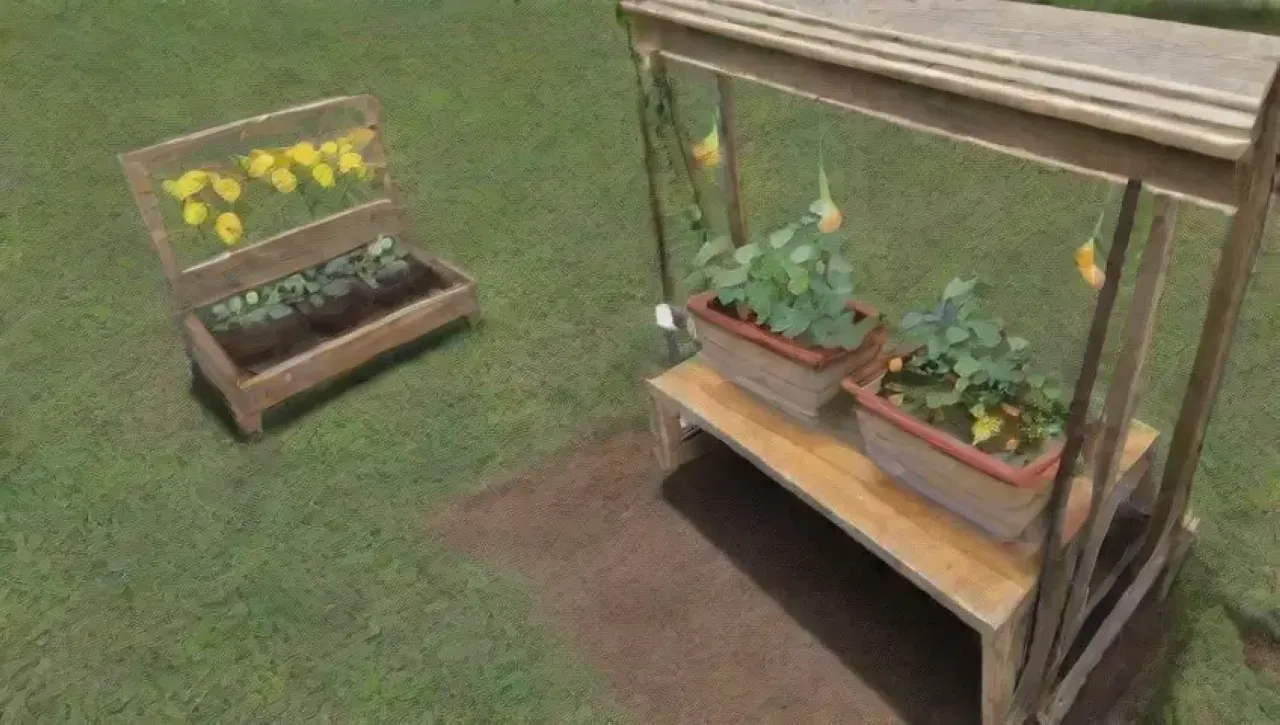 Un jardín vibrante con plantas de guisantes, flores amarillas, herramientas de jardinería y la promesa de una cosecha abundante